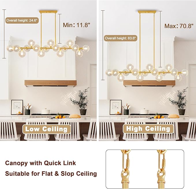 Modern Chandeliers for Dining Room Clear Glass 55" Large Dining Room Light Fixture, Gold Linear Sputnik Chandeliers Farmhouse Chandelier Kitchen Island, Electroplated Brass and Swirled Globe Shade