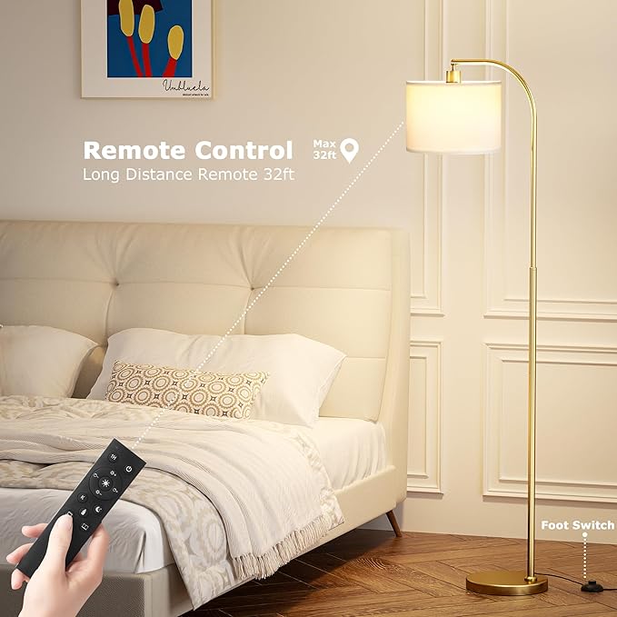 Arc Floor Lamp with Remote and Stepless Dimmable Bulb, Colors Temperature & Brightness Adjustable, Floor Lamps for Living Room（White Shade & Gold Pole）