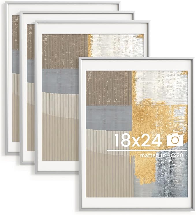 18x24 inch Metal Poster Frame - 18 x 24 Thin Aluminum Picture Frames Matted for 16x20 Photos, Artworks, Prints, Puzzle - High Definition Plexiglass - Vertical and Horizontal Display - Wall Hook Hanging Hardware Included - Silver, 4 Pack