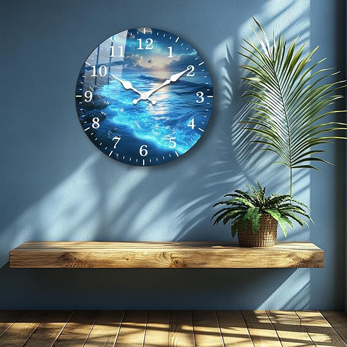 Blue Tears Wooden Wall Clock Battery Operated 10 Inch Coastal Beach Silent Wall-Clock Non Ticking Analog Blue Wall Clocks for Bedroom, Office Decor