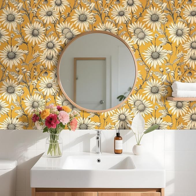 Livelynine 17.5x276" Vintage Floral Peel and Stick Wallpaper Antique Gold Retro Yellow Flowers Prepasted Daisy Wallpaper for Bathroom Girls Accent Wall Cover Boho Contact Paper for Cabinets Drawers