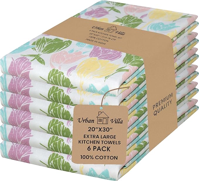 Urban Villa Collection Kitchen Towels Tulip Flowers Multi Color Premium Quality,100% Cotton Dish Towels, Mitered Corners,(Size: 20X30 Inch), Highly Absorbent Bar &Tea Towels - (Set of 6)