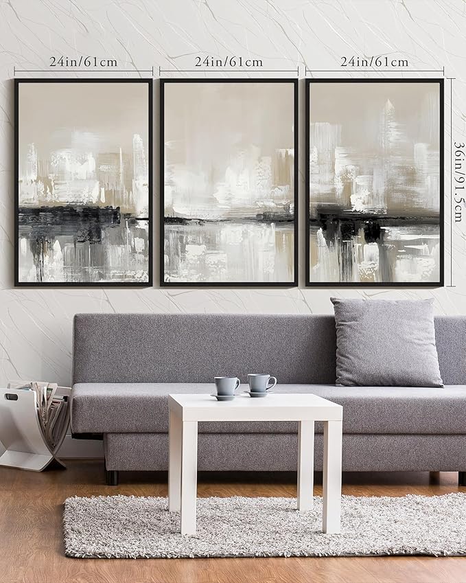 KUVIOKE Abstract Gray Framed Wall Art Neutral Brown Artwork Painting Morden Minimalist Wall Decor Rustic Home Decor 24x36in (Black Framed)