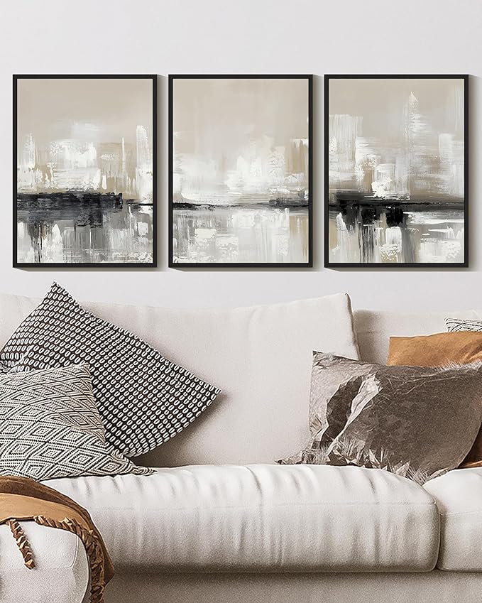 KUVIOKE Abstract Gray Framed Wall Art Neutral Brown Artwork Painting Morden Minimalist Wall Decor Rustic Home Decor 11x14in (Black Framed)