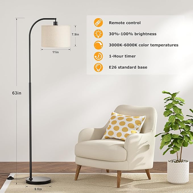 Arc Floor Lamp with Remote and Stepless Dimmable Bulb, Colors Temperature & Brightness Adjustable, Floor Lamps for Living Room（Deep Beige Shade & Black Pole）
