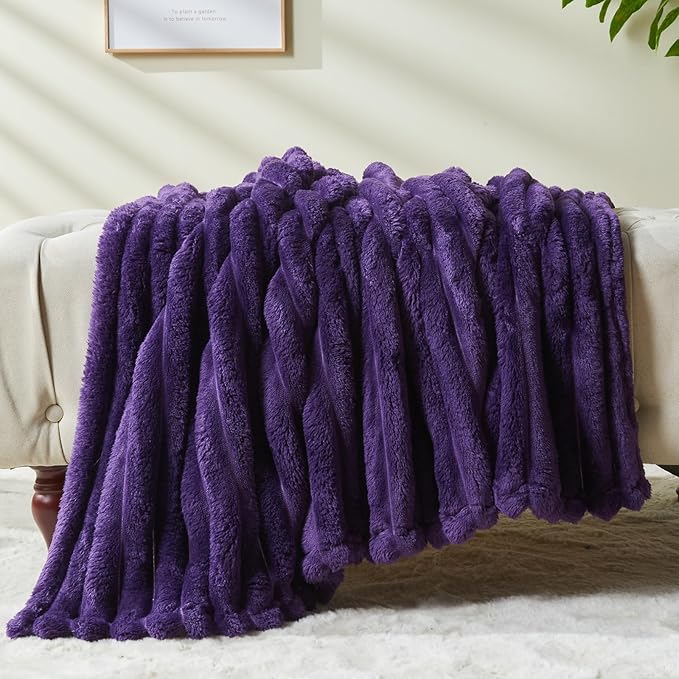 NEWCOSPLAY Super Soft Throw Blanket Purple Premium Silky Flannel Fleece 3D Ribbed Jacquard Lightweight Bed Blanket All Season Use (Purple Ribbed, Throw(50"x60"))