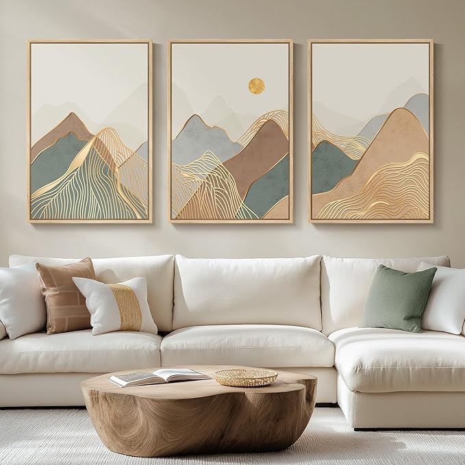 Framed Boho Mountain Wall Art for Living Room, 3 Piece Modern Minimalist Line Canvas Prints Artwork for Walls, Large Sun Nature Landscape Wall Art for Bedroom, Hallway Office Wall Decor, 24x36 Inch