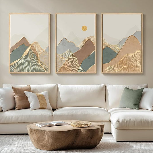 Framed Boho Mountain Wall Art for Living Room, 3 Piece Modern Minimalist Line Canvas Prints Artwork for Walls, Large Sun Nature Landscape Wall Art for Bedroom, Hallway Office Wall Decor, 24x36 Inch