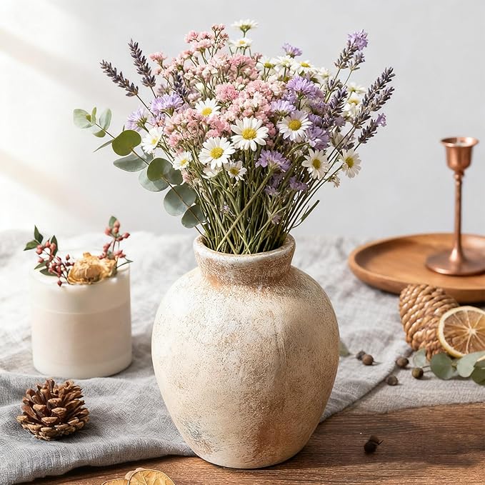 Ceramic Decorative Flower Vase | 6 Inch Pottery Rustic Farmhouse | Boho | Whitewashed Terracotta Vase for Home Decor, Table, Living Room, Bathroom, Shelf, Mantel Decoration, Terra