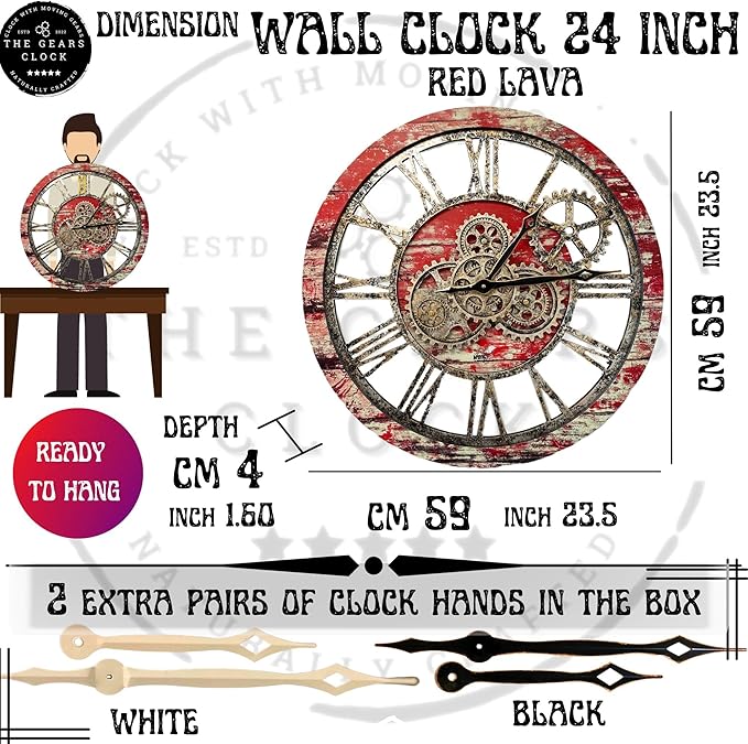 ImprovingLife The Gears Clock The Original Real Moving Gear Wall Clock Vintage Industrial Oversized Rustic Farmhouse (24 inch (60cm),Red Lava)