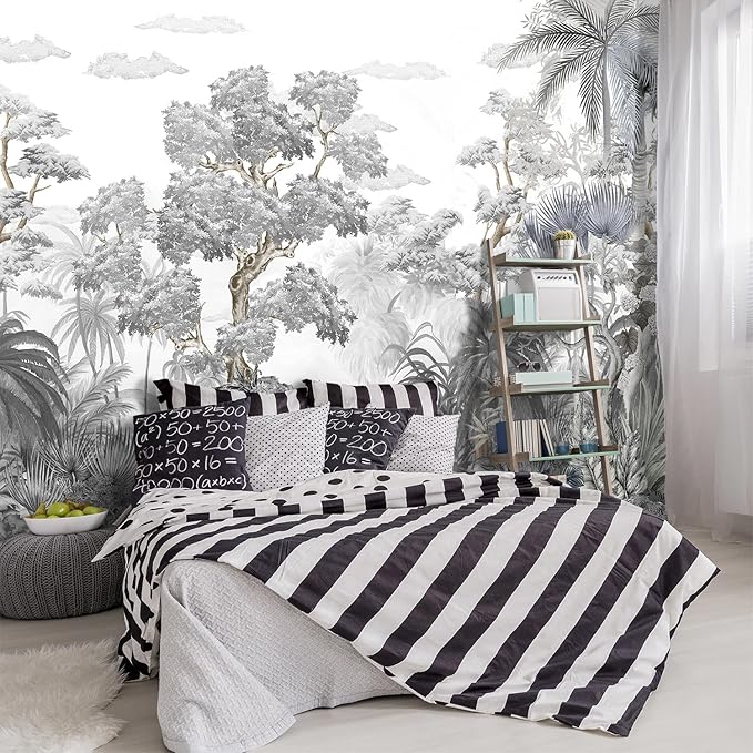 -Tropical Rainforest Botanical Grey Jungle Forest Fabric Wallpaper Living Room Palm Leaf Plant Bedroom Bathroom Large Wall Mural- 137"x96"（ not Peel and Stick）