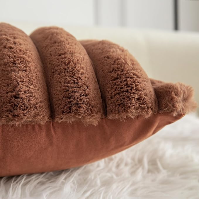 Neelvin Brown Faux Fur Cozy Soft Stripe Decorative Throw Pillow Covers 22x22 inch Set of 2,Velvet Pillowcase Cushion Case for Sofa Couch