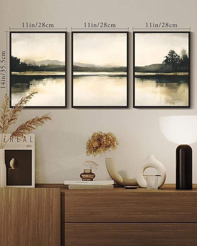 KUVIOKE Watercolor Abstract Mountain Lake Framed Wall Art Brown Landscape Nature Wilderness Painting Nordic Neutral Tan Illustration Decorative Home Decor 11x14in (Black Framed)