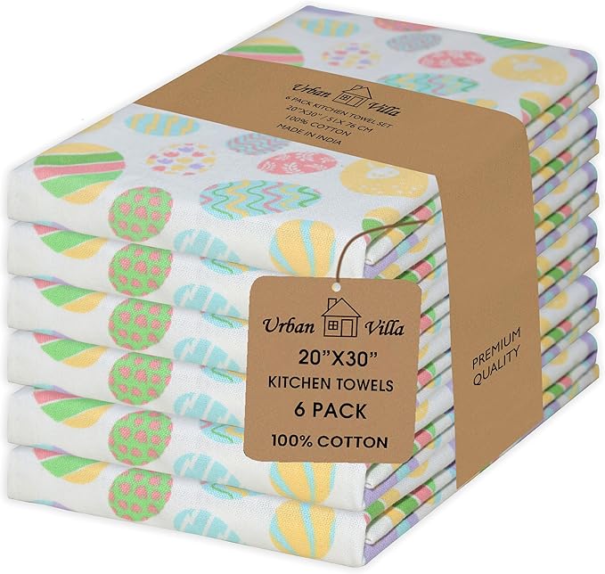 Urban Villa Kitchen Towels Set of 6 Dish Towels for Kitchen 100% Cotton Easter Print Kitchen Towels Mitered Corners Oversized 20X30 Inches Kitchen Towels Highly Absorbent Kitchen Hand Tea Towels