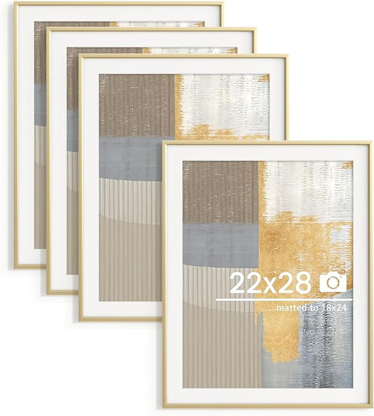 22x28 inch Metal Poster Frame - 22 x 28 Thin Aluminum Picture Frames Matted for 18x24 Photos, Artworks, Prints, Puzzle - High Definition Plexiglass - Vertical and Horizontal Display - Wall Hook Hanging Hardware Included - Gold, Set of 4