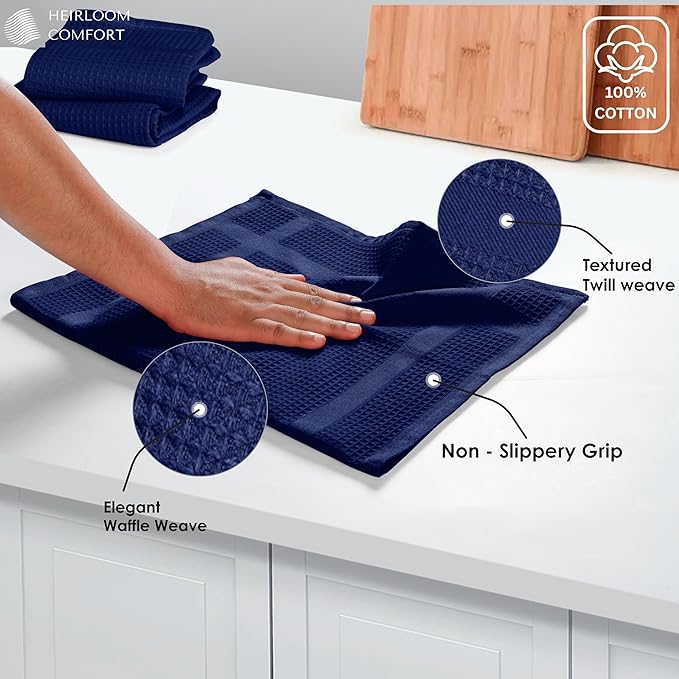 12 Pack Blue Waffle Weave Kitchen Towels, 16x26 Inches, 100% Cotton Dishcloth Set, Super Absorbent, Quick Dry, Soft Hand Towels for Drying Dishes, Cleaning, Durable, Indigo Blue
