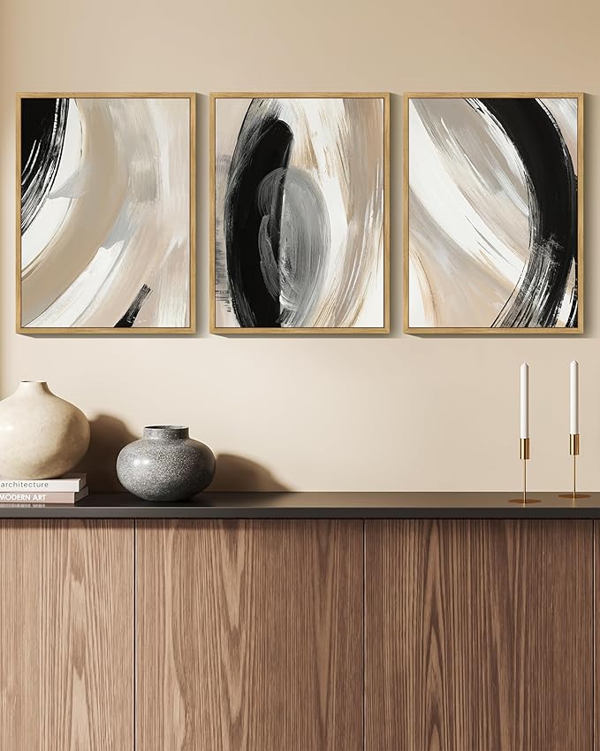 KUVIOKE Modern Abstract Framed Wall Art Black Neutral Minimalist Ink and Wash Graffiti Pastel Wall Decor for Bedroom Living Room 11x14in (Natural Framed)