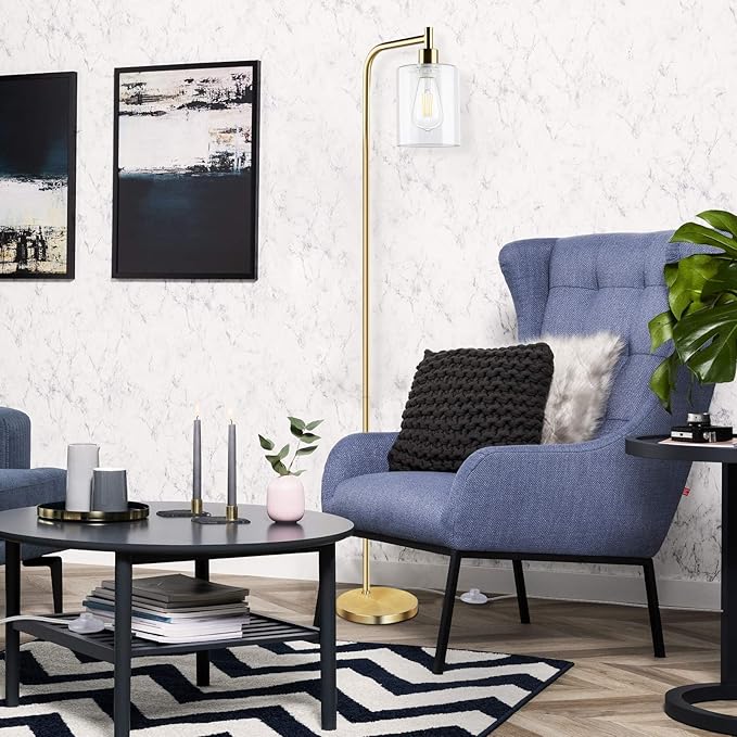 Industrial Floor Lamp with Hanging Glass Shade Brass Gold Farmhouse Indoor Pole Light with Edison E26 Base Vintage Rustic Standing Tall Lighting for Living Room Bedroom Office(ST64 Bulb Included)