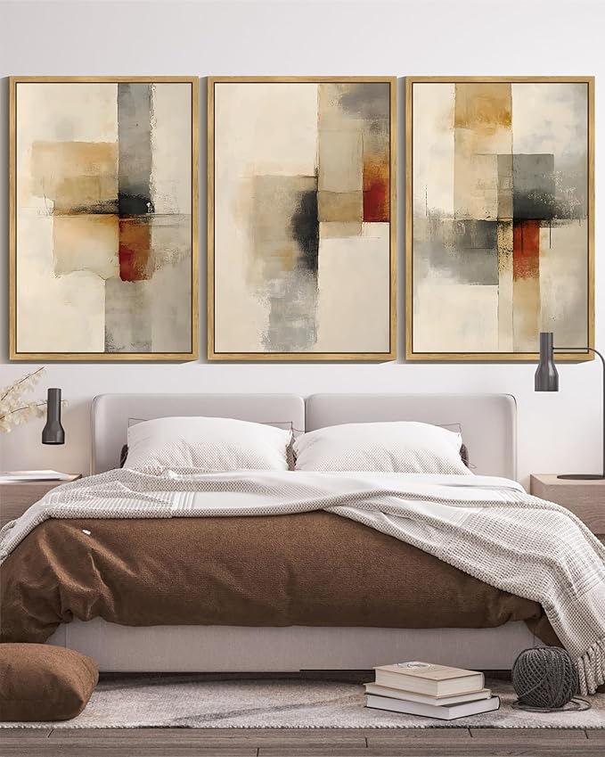 KUVIOKE Framed Abstract Wall Art Minimalist Beige Gray Red Pastel Watercolor Wall Decor Modern Neutral Art Print Home Decor 24x36in (Natural Framed)
