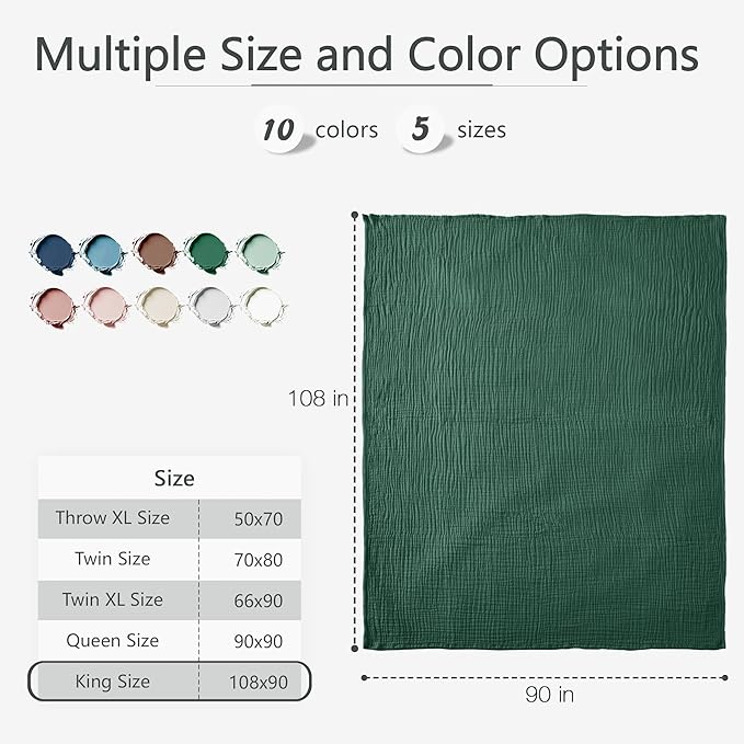 Carriediosa 100% Cotton Muslin Throw Blanket 108" X 90" King Size，4-Layers Summer Gauze Throws for Bed Couch，Soft Lightweight Breathable Linen Blankets Bedspread for Adults All Season，Dark Green
