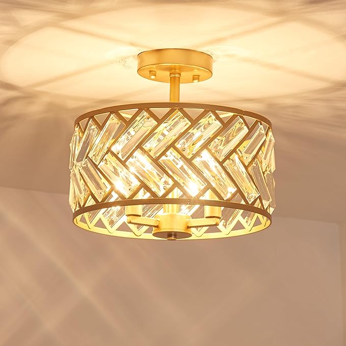 Shrine Lighting Crystal Ceiling Light, Gold Crystal Chandelier for Living Room, D12.4'' x H11.2'', E12*3 Sockets, Ctystal Lampshade & Gold Finish Frame