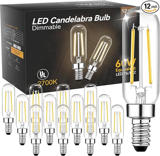 TJOY E12 Candelabra LED Bulb, 60W Equivalent Dimmable 2700K Soft Warm White, Small Base T6 Clear Edison Bulb 5.5W Vintage T25 Decorative for Chandelier Ceiling Fan Wall Sconce, 600lm, 12packs