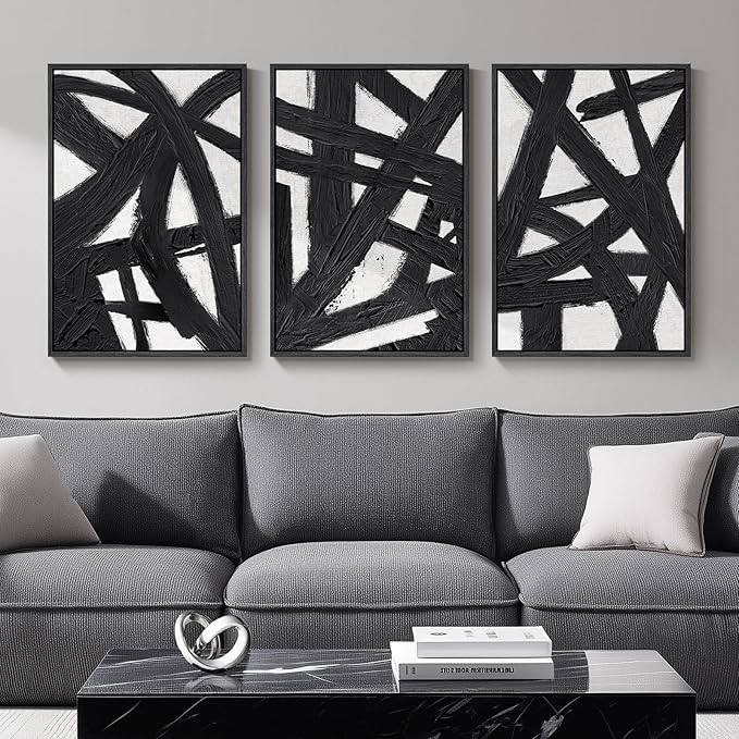 Framed Black and White Abstract Wall Art for Living Room, 3 Piece Modern Canvas Prints Artwork for Walls, Minimalist Black Lines Paintings for Hallway, Bedroom, Office Wall Decor, 16x24 Inch