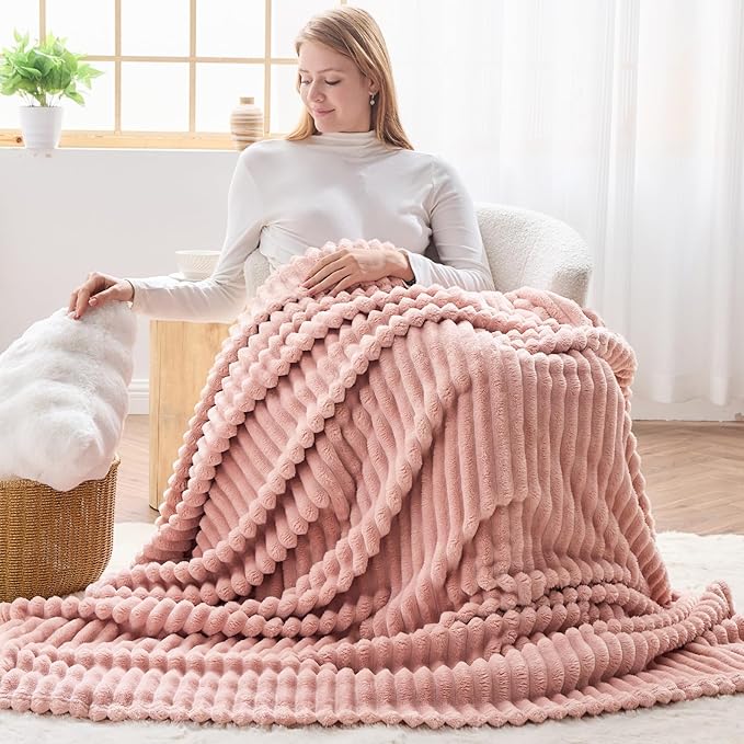 NEWCOSPLAY Super Soft Throw Blanket Pink Premium Silky Flannel Fleece 3D Ribbed Jacquard Lightweight Bed Blanket All Season Use (Pink Ribbed, Throw(50"x60"))