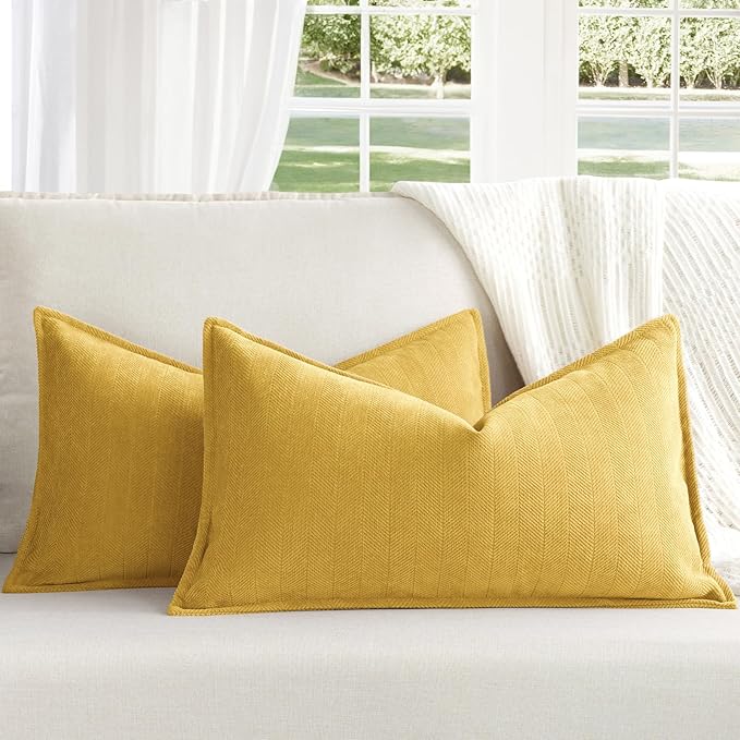 ZWJD Yellow Pillow Covers 12x20 Set of 2 Chenille Throw Pillow Covers with Elegant Design Soft and Luxurious Decorative Throw Pillows for Couch, Bed, and Home Decor