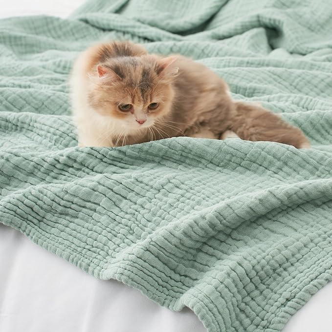 Carriediosa 100% Cotton Muslin Throw Blanket 50" X 70" Throw XL Size，4-Layers Summer Gauze Throws for Bed Couch，Soft Lightweight Breathable Linen Blankets Bedspread for Adults All Season，Sage Green