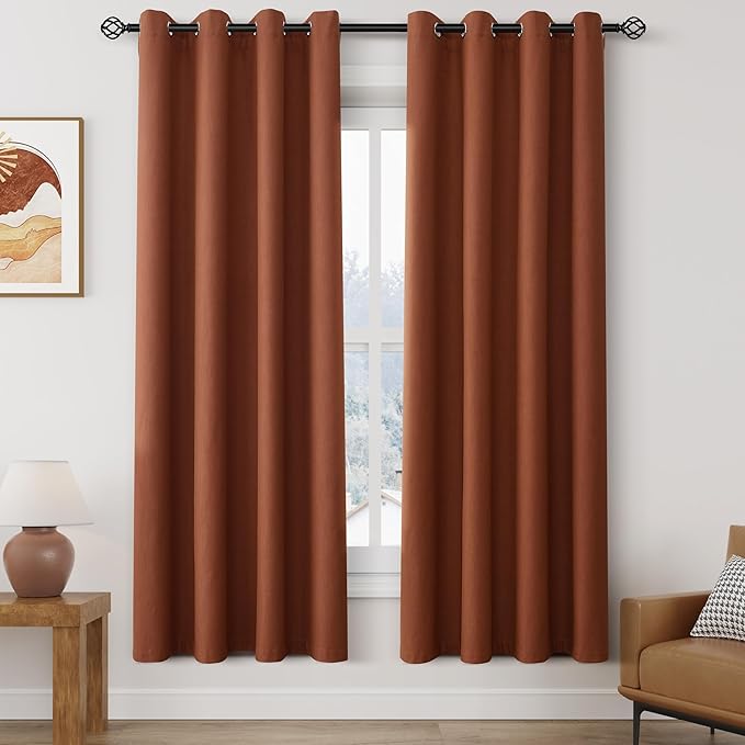 100% Blackout Linen Curtains for Bedroom Thermal Insulated Grommet Complete Blackout Drapes 72 Inch Length 2 Panels Set Heat and Full Light Blocking Living Room Darkening Curtains Terracotta
