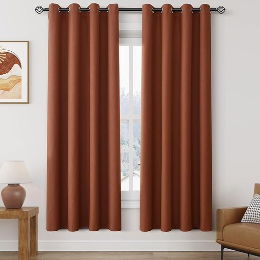100% Blackout Linen Curtains for Bedroom Thermal Insulated Grommet Complete Blackout Drapes 72 Inch Length 2 Panels Set Heat and Full Light Blocking Living Room Darkening Curtains Terracotta