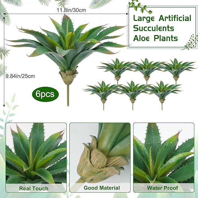 HUAESIN Artificial Succulents Aloe Plants, 6PCS 12.5 Inches Large Artificial Agave Plants UV Resistant Fake Agave Planters for Indoor and Outdoor Home Wedding Festival Arrangement