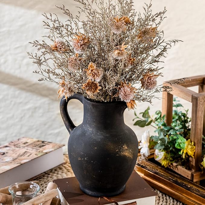 Ceramic Rustic Farmhouse Vase with Handle, Terracotta Vase, Minimalist Decorative Vases for Home Decor, Table, Living Room, Shelf, Christmas Decoration(Bronze)