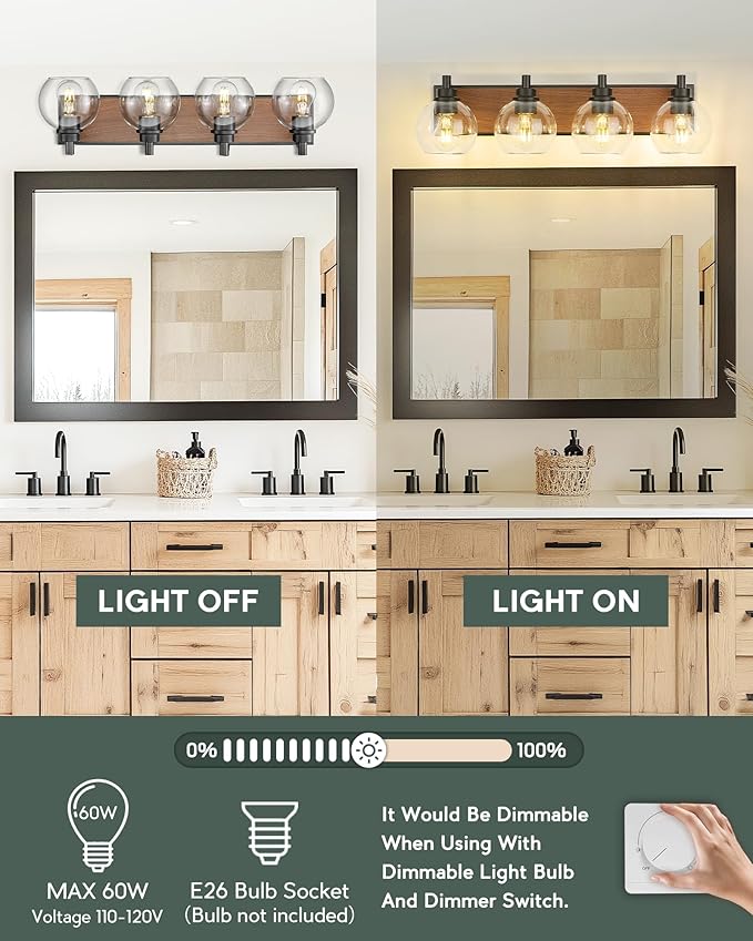 Bathroom Light Fixtures, 4-Light Black and Faux-Wood Finish Bathroom Vanity Light, 26 Inch Farmhouse Wall Sconces with Globe Clear Glass Shade, Vanity Lighting Fixtures Over Mirror, VL195-WB-4