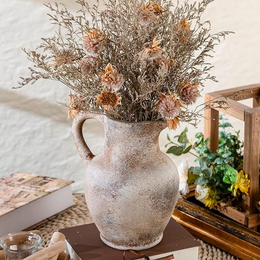 Ceramic Rustic Farmhouse Vase with Handle, Terracotta Vase, Minimalist Decorative Vases for Home Decor, Table, Living Room, Shelf, Christmas Decoration(Terra)