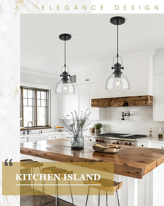 Black Pendant Lights Kitchen Island, 7.5" Farmhouse Pendant Lighting with Clear Seeded Glass Shade, Vintage Hanging Light Fixtures for Dining Room, AD-22151-1P-BK