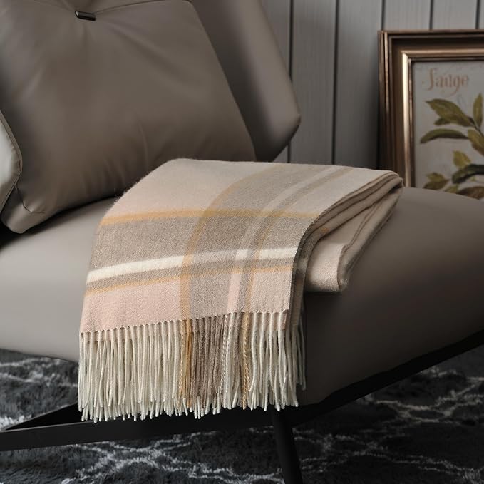 EP Mode 100% Pure Cashmere Throw Blanket for Sofa, Classic Design with Gift Box (Beige Border)