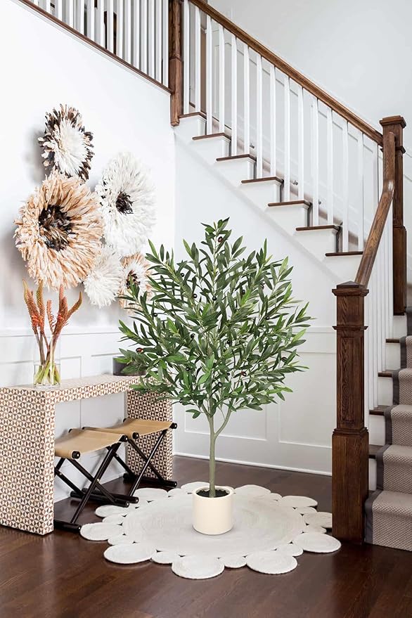 Hollyone Faux Olive Tree with Pot 4.2FT Small Fake Olive Tree Indoor 50.4inch with Natural Wood Trunk and Lifelike Fruits Potted Artificial Tree Plant Home Office Modern Housewarming Decoration Gift