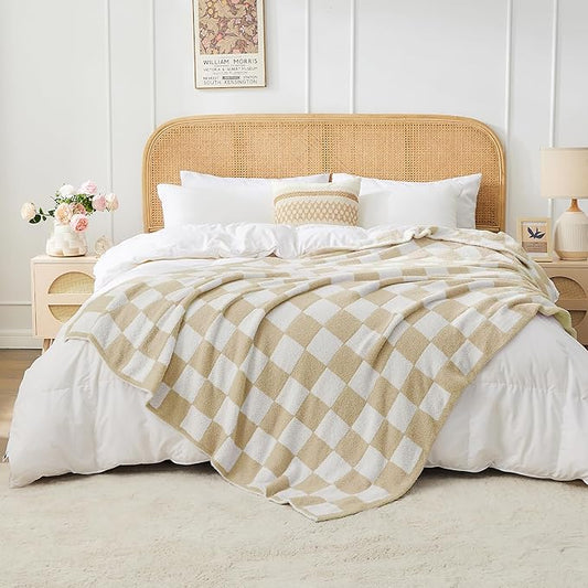 JOOJA Soft Cozy Checkerboard Beige Knit Throw Blanket for Couch Plaid Checkered 60x80 in