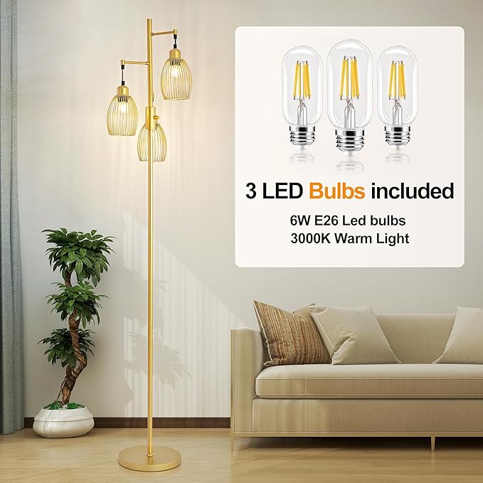 Industrial Floor Lamp 68'' - 3-Light Gold Dimmable Rustic Floor Lamp with Sturdy Pole & Heavy Base, 800 Lumens LED Bulbs Lamp for Living Room, Bedroom, Office Decor