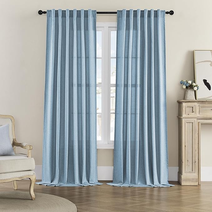DONREN Dusty Blue Curtains 96 Inch Length for Living Room 2 Panel Back Tab Rod Pocket Drape Light Filtering Semi Sheer Linen Textured Curtain for Bedroom Modern Farmhouse Decor 50x96 Long