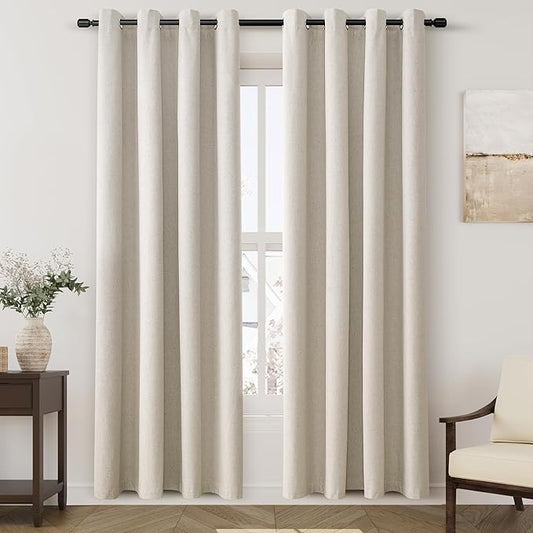 100% Blackout Linen Curtains for Bedroom Thermal Insulated Grommet Complete Blackout Drapes 80 Inch Length 2 Panels Set Heat and Full Light Blocking Living Room Darkening Curtains Greyish Beige