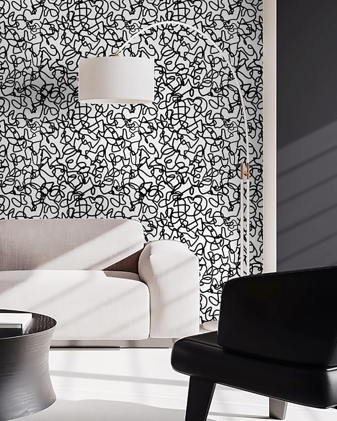 Ismoon 17.3"X393" Unique Black and White Peel and Stick Wallpaper Scribbles Wallpaper Modern Black Contact Paper Thickened Removable Self-Adhesive Contact Paper for Home Decoration Vinyl Film Roll