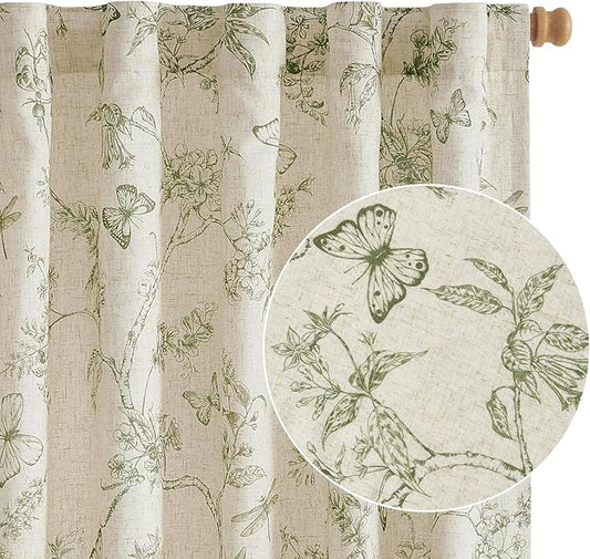 Lazzzy Farmhouse Lined Linen Green Floral Curtains 96 Inch Long Back Tab Drapes for Living Room Bedroom Light Filtering Country Vintage Rod Pocket, 2 Panels, Green on Beige