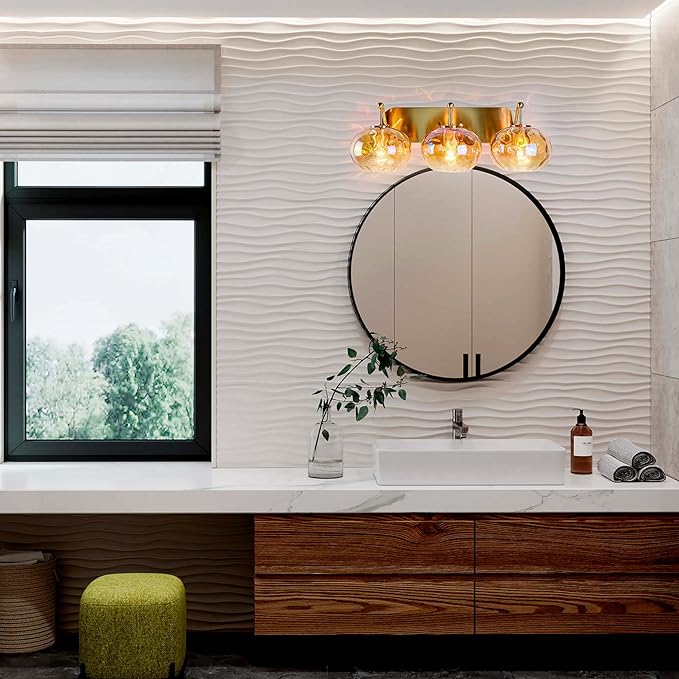 23" Brushed Gold Vanity Light Stained Amber Hammered Glass Wall Sconce 3-Light Brass Wall Lamp for Hallway Living Room Stairwell Bathroom Over Mirror