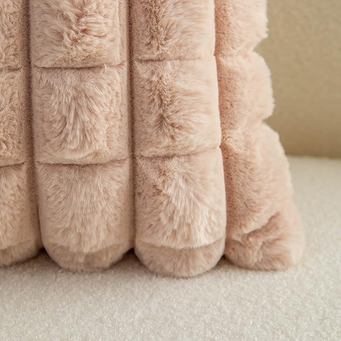 Neelvin Camel Faux Fur Cozy Soft Plaid Decorative Throw Pillow Covers 26x26 inch Set of 2,Velvet Pillowcase Cushion Case for Sofa Couch