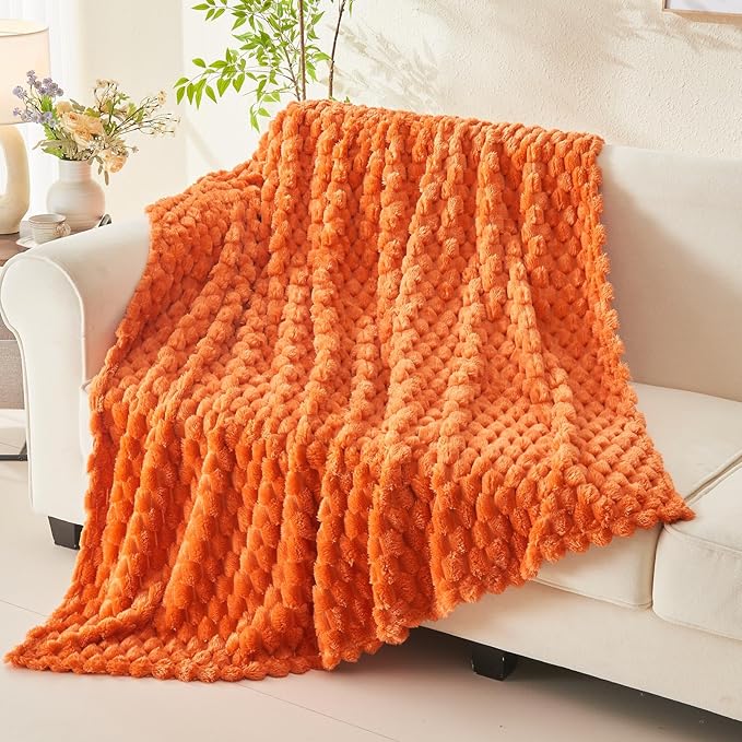 NEWCOSPLAY Super Soft Fall Throw Blanket Orange Premium Silky Flannel Fleece 3D Clouds Stylish Jacquard Lightweight Bed Blanket All Season Use 350GSM (Orange, Throw(50"x60"))