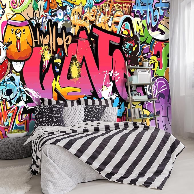 -Street Art Graffiti Wallpaper Fabric Wallpaper Living Room Bedroom Bathroom Boys Girls Children's Room Abstract Large Wall Mural- 91"x65"（ not Peel and Stick）