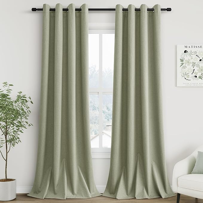 Grommet Sage Green Blackout Linen Curtains 108 inches Long for Bedroom Full Light Blocking Thermal Insulated Black Out Curtain Panels 108 Inch Length Energy Saving Room Darkening Curtain White Backing